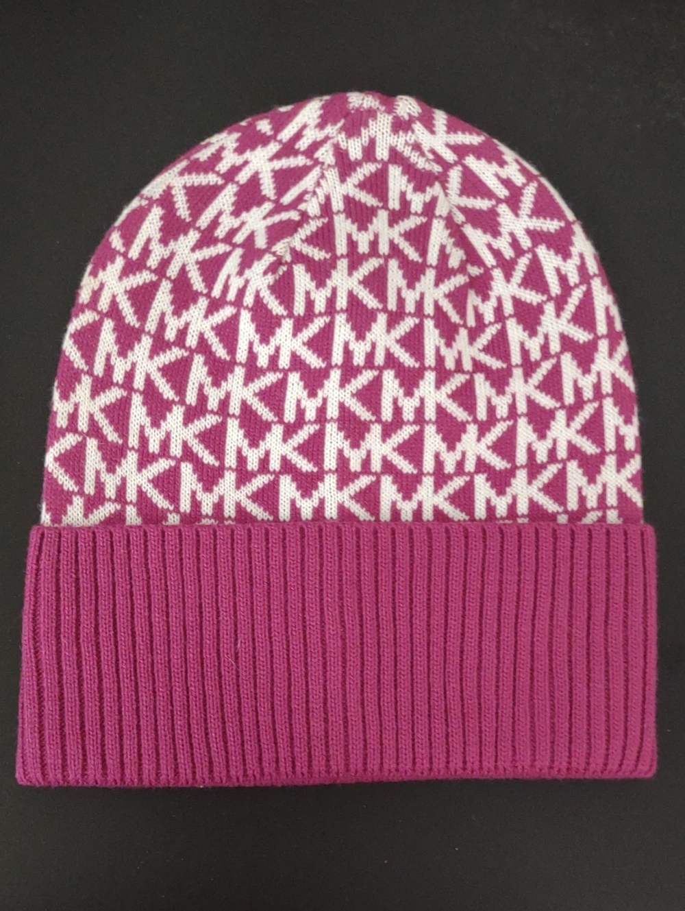 Michael Kors MK Logo Knit Beanie Hat Fuchsia Pink White One Size